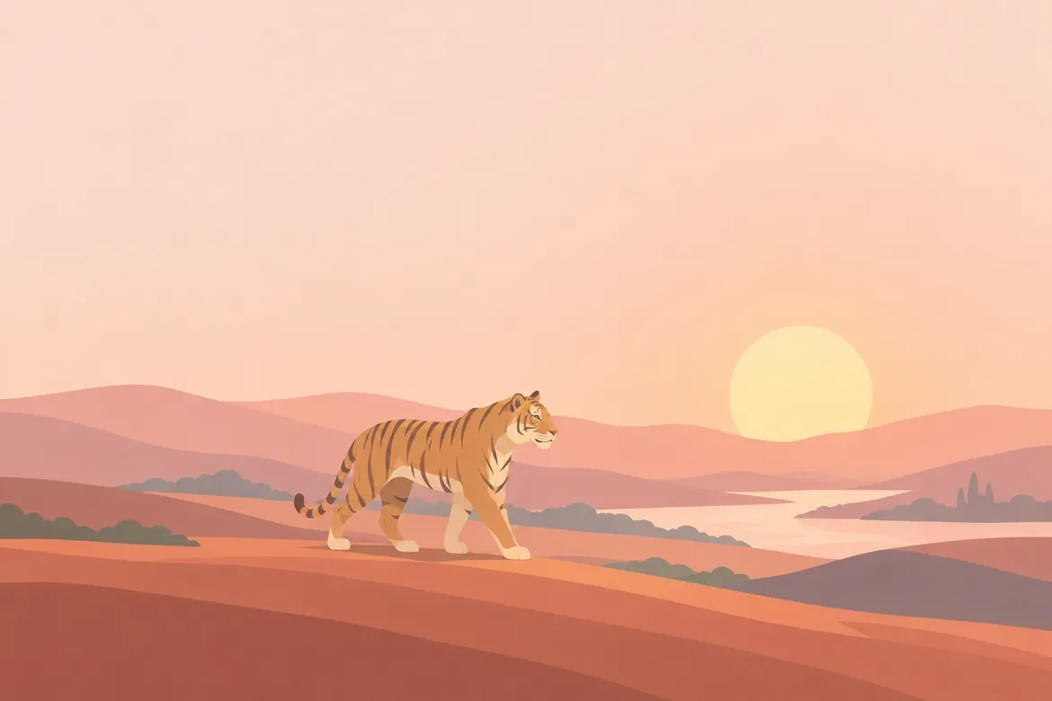 A tiger walking across warm hills at sunrise, the illustration of the day the sun meets the Tiger.